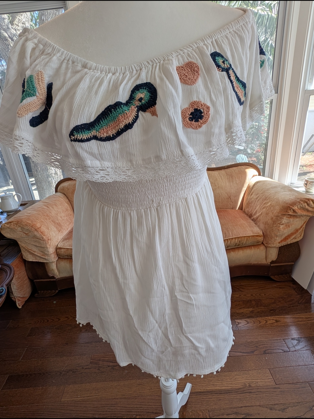 White Boho Off Shoulder Dress with Bird Embroidery Smock Size S